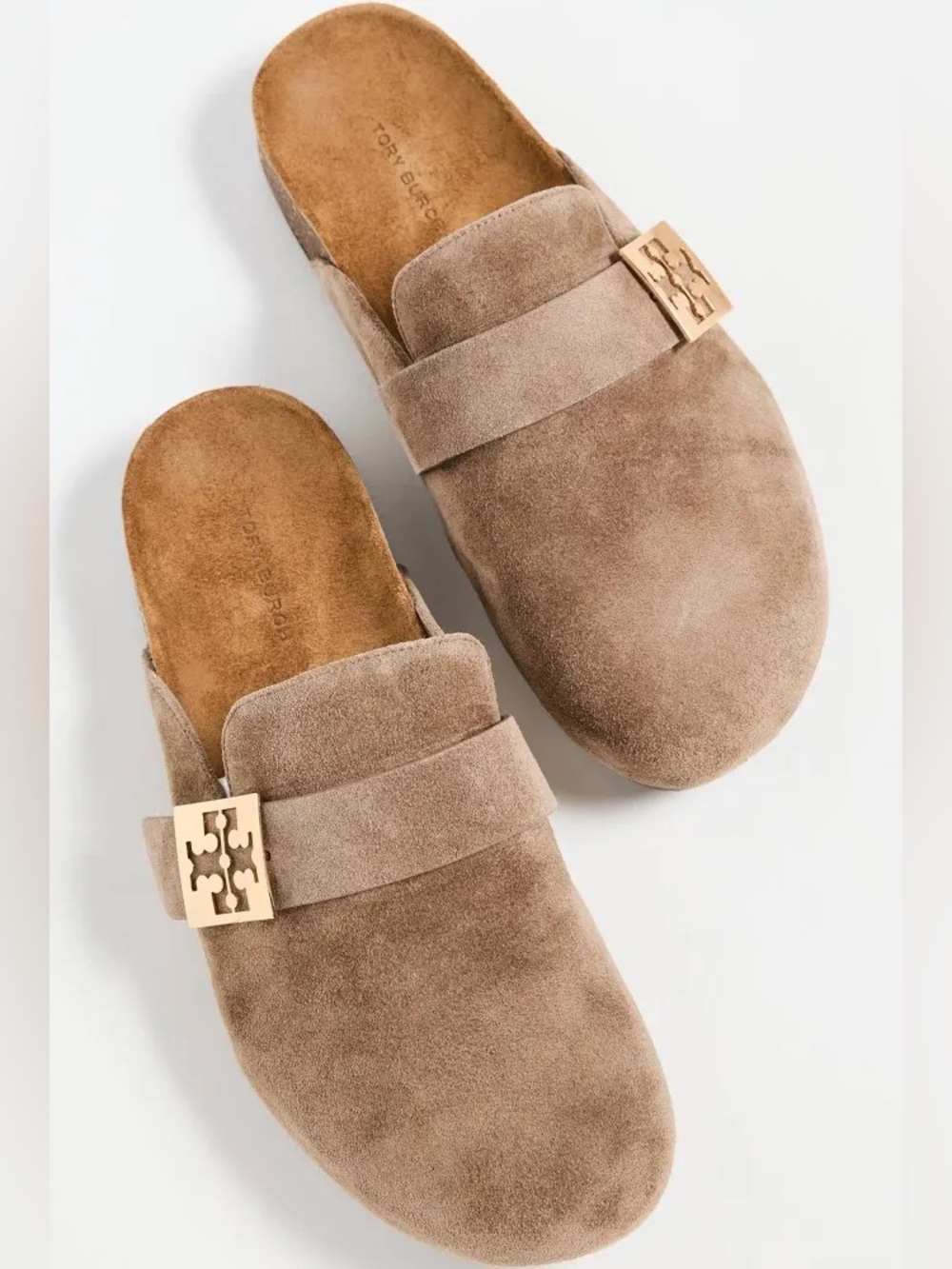 Tory Burch Mellow Suede Mules River Rock Gold 6.5 LIKE NEW
